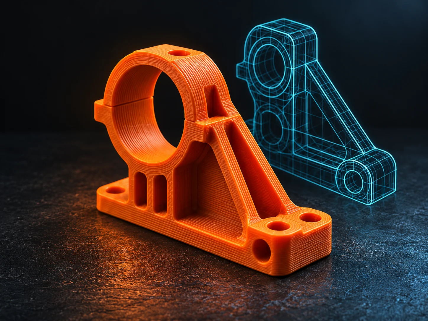 Ilustración de un soporte naranja impreso en 3D junto a su representación técnica.