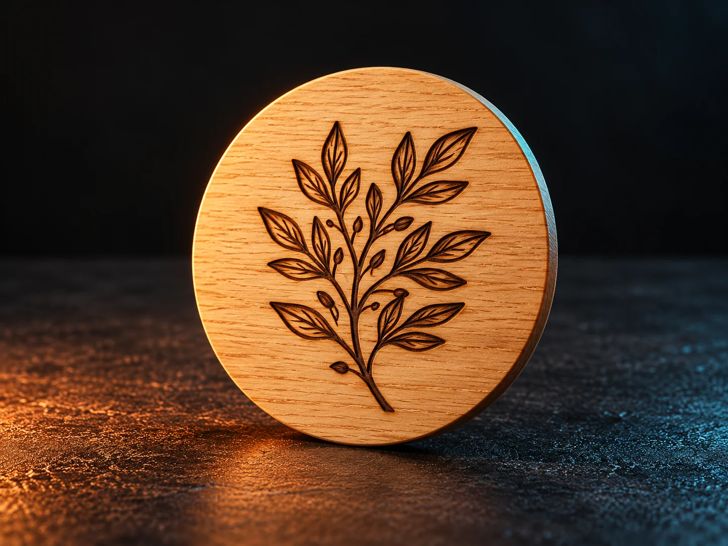 Ilustración de una placa de madera con un motivo botánico grabado.