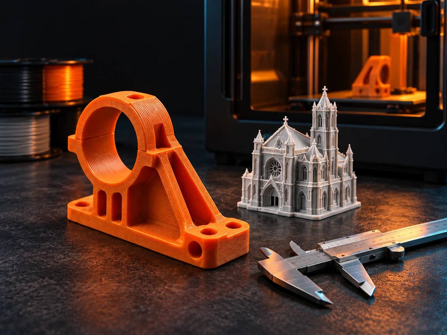 Ilustración de una mesa de trabajo con piezas y herramientas de impresión 3D.